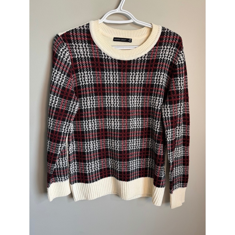 Amanda Green Plaid Crewneck Sweater Womens Small Red Black Multi Preppy Classic